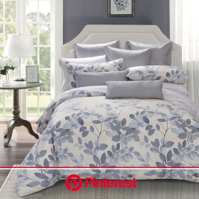 Elegant branches with leaves in gray and lavender-gray float across the foot of the cover. The design gently fad… | Duvet sets, Duvet cover sets, Home