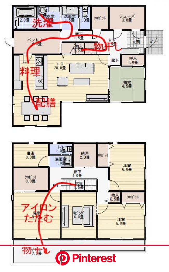 パントリーの広い間取りの家事動線計画 回遊性のあるプラン 家事動線間取り 間取り 40坪 間取り 32坪 間取り Painless Life